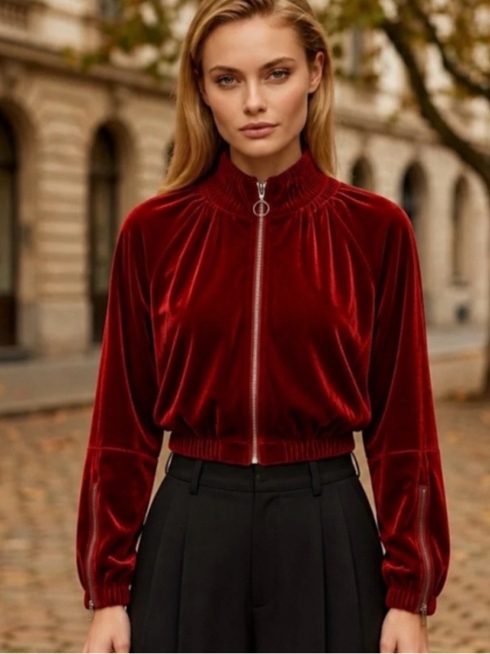 BCBGMAXAZRIA Red Velvet Cropped Bomber Jacket Zip Front